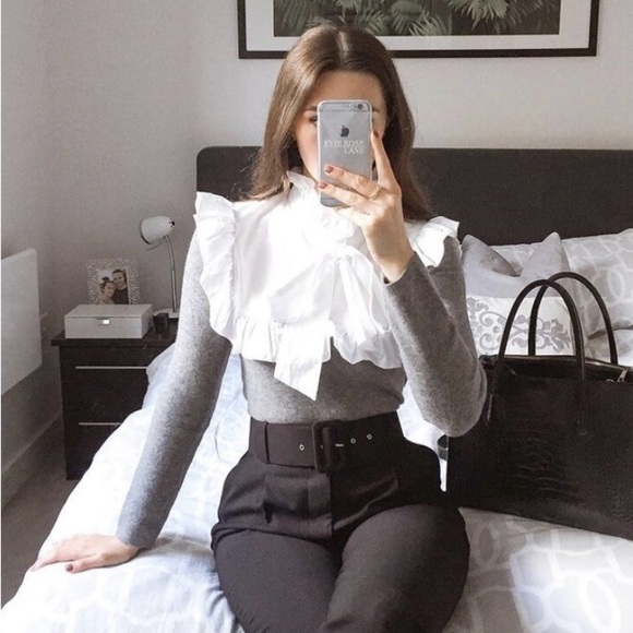 ZARA Gray Knit Sweater w/ White Bow Tie Collar NWT - Picture 5 of 5